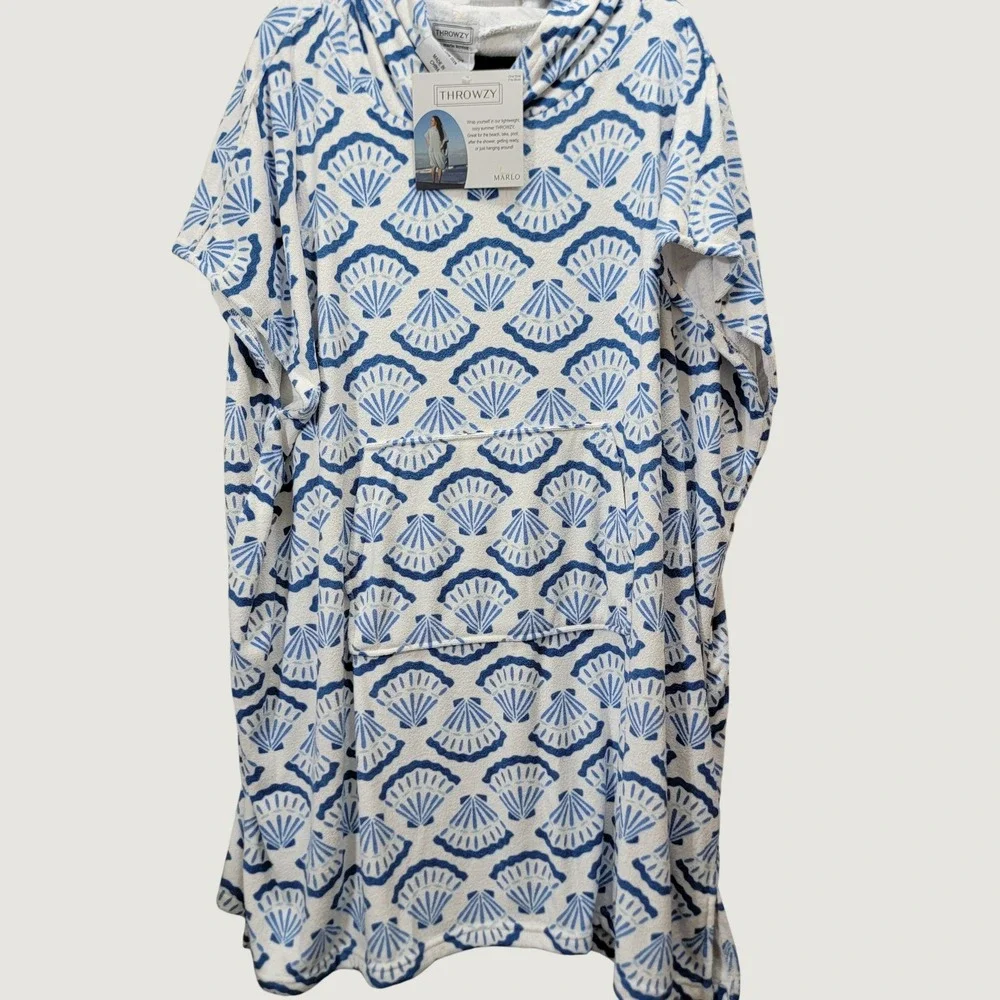 Throwzy by Marlo Hooded Coverup Women One Size Blue White Seashells Beach Poncho